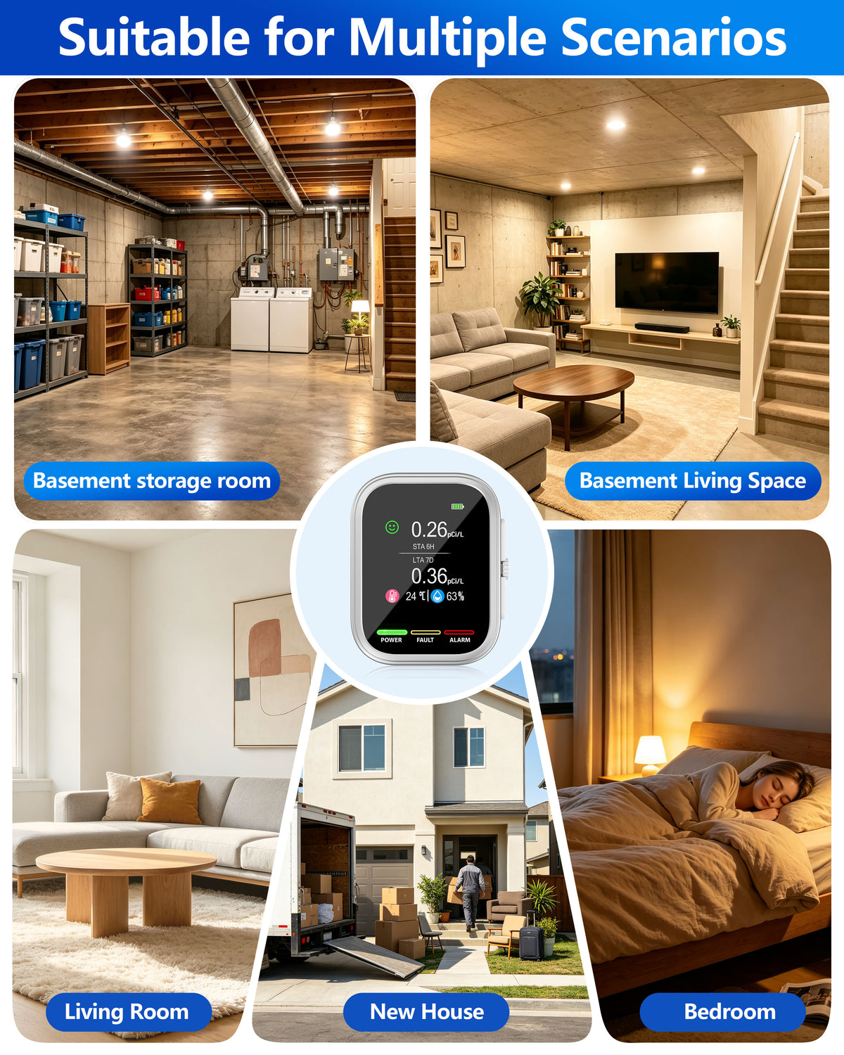 Radon Detector for Home and Basement, ±10% Accuracy, 6H First Reading, 3-in-1 Radon, Temp & Humidity, 3.5-in IPS Display, Wall Plug-In & Magnetic Mount, Audible & Visual Alerts, 385-Day History