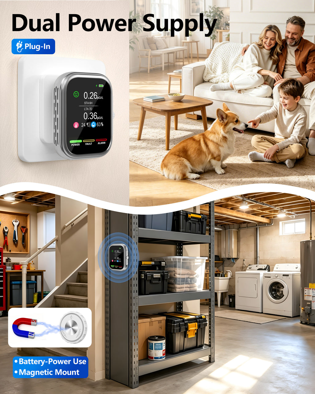 Radon Detector for Home and Basement, ±10% Accuracy, 6H First Reading, 3-in-1 Radon, Temp & Humidity, 3.5-in IPS Display, Wall Plug-In & Magnetic Mount, Audible & Visual Alerts, 385-Day History