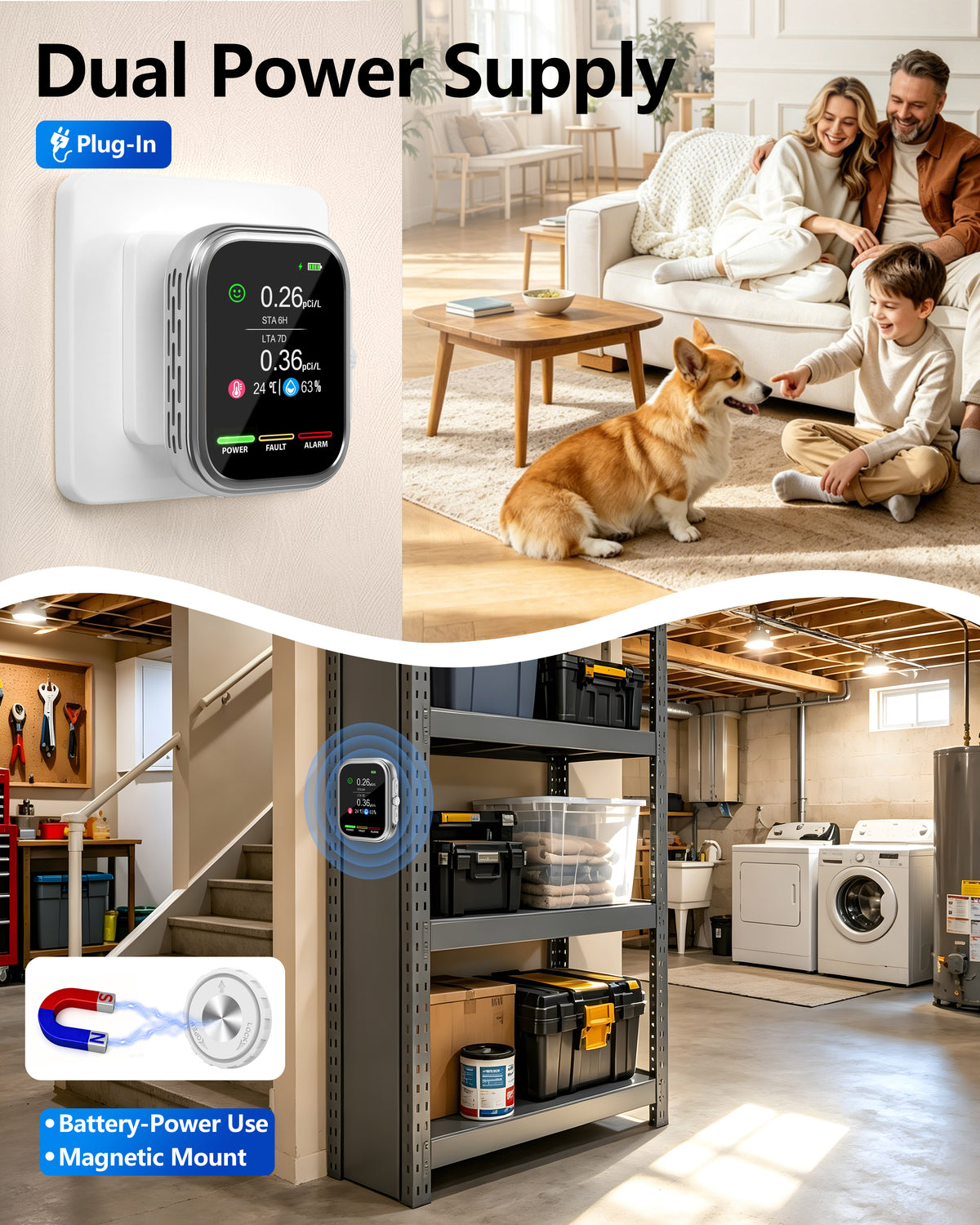 Radon Detector for Home and Basement, ±10% Accuracy, 6H First Reading, 3-in-1 Radon, Temp & Humidity, 3.5-in IPS Display, Wall Plug-In & Magnetic Mount, Audible & Visual Alerts, 385-Day History