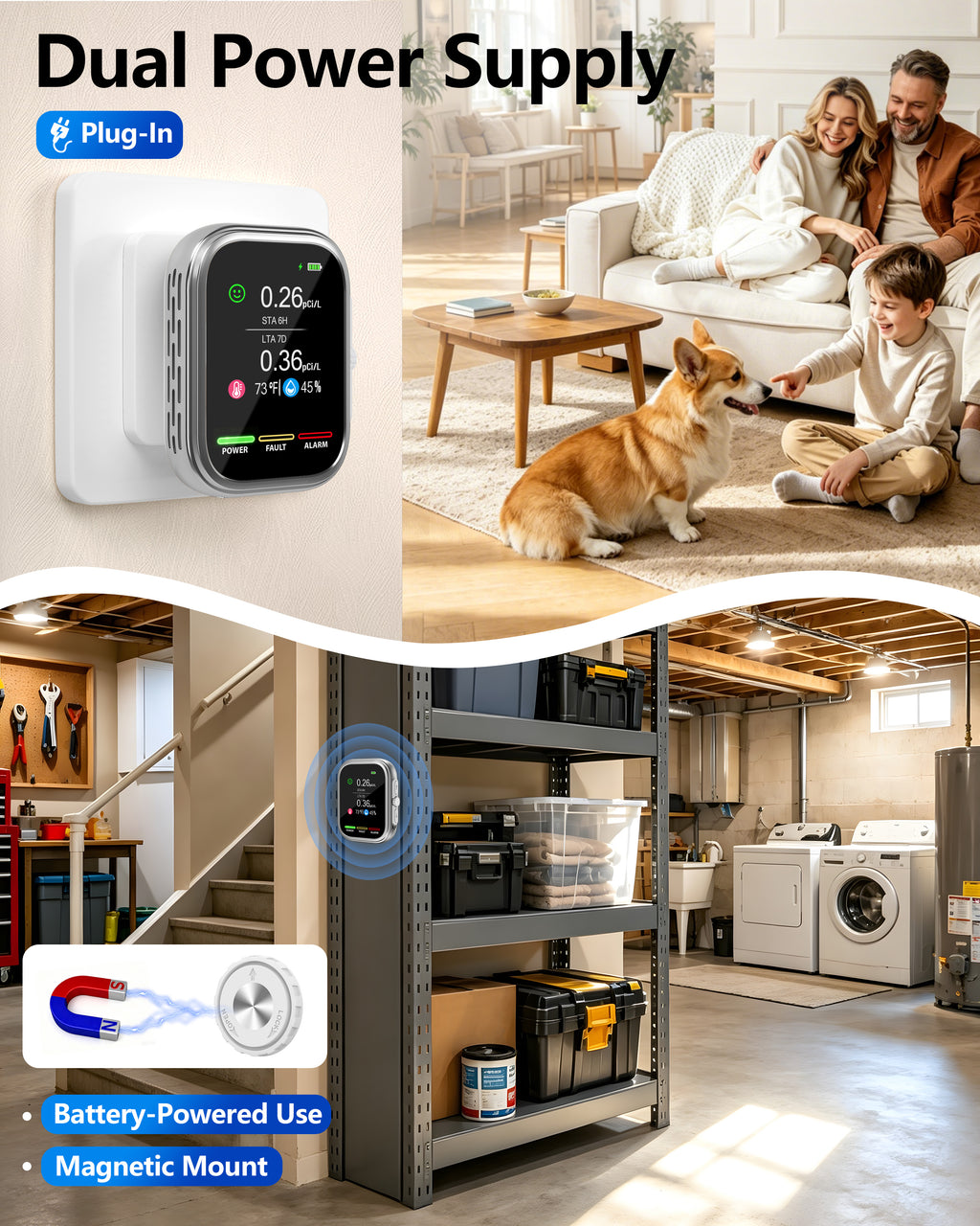 Radon Detector for Home and Basement, ±10% Accuracy, 6H First Reading | 3-in-1 Radon, Temp & Humidity, 3.5-in IPS Display, Wall Plug-In & Magnetic Mount, Audible & Visual Alerts, 385-Day History