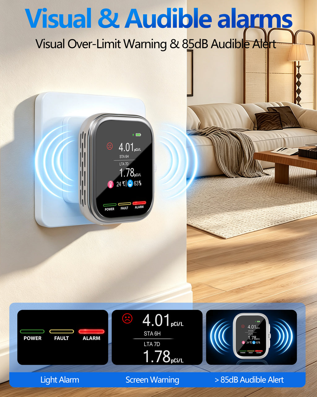 Radon Detector for Home and Basement, ±10% Accuracy, 6H First Reading, 3-in-1 Radon, Temp & Humidity, 3.5-in IPS Display, Wall Plug-In & Magnetic Mount, Audible & Visual Alerts, 385-Day History