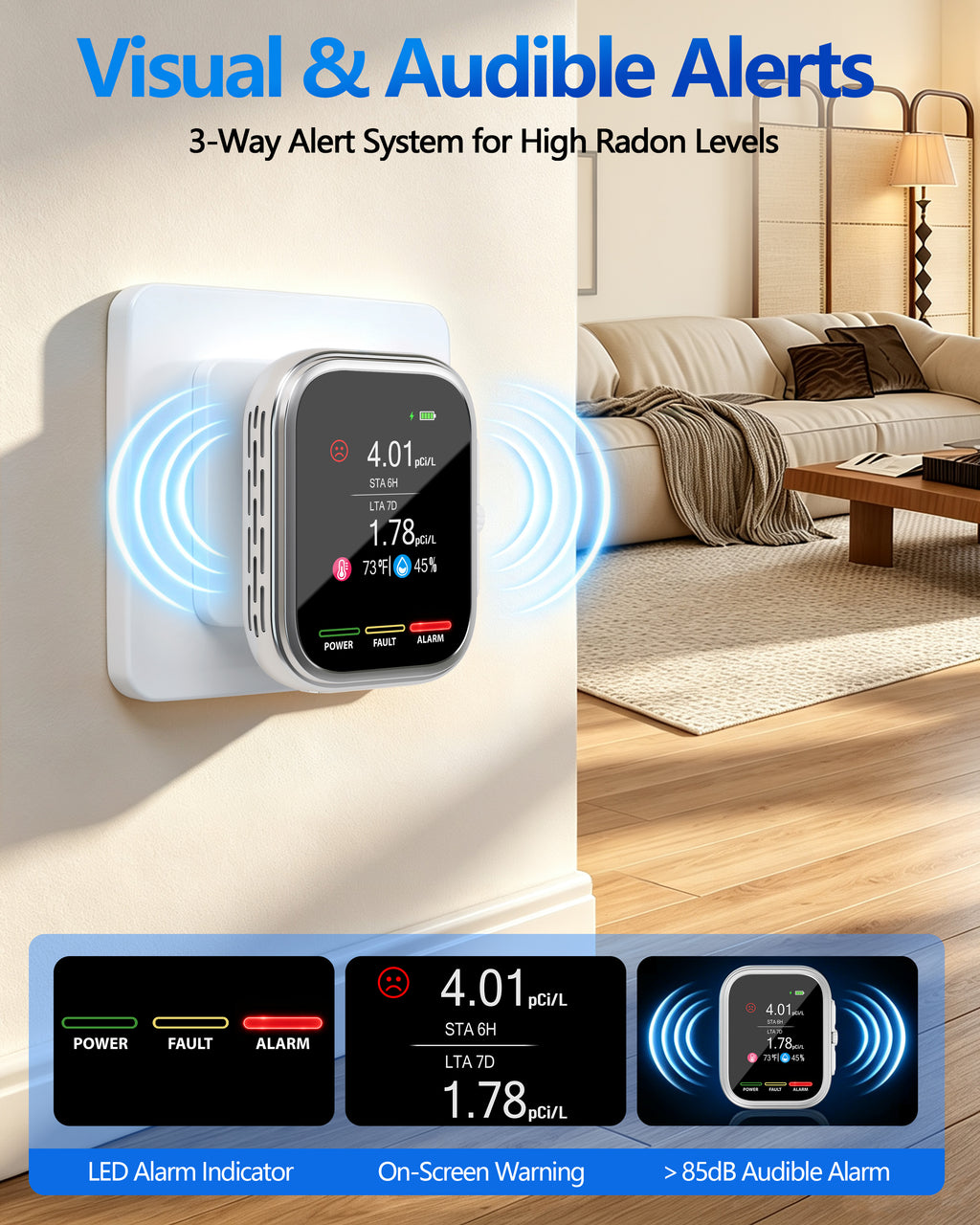 Radon Detector for Home and Basement, ±10% Accuracy, 6H First Reading | 3-in-1 Radon, Temp & Humidity, 3.5-in IPS Display, Wall Plug-In & Magnetic Mount, Audible & Visual Alerts, 385-Day History