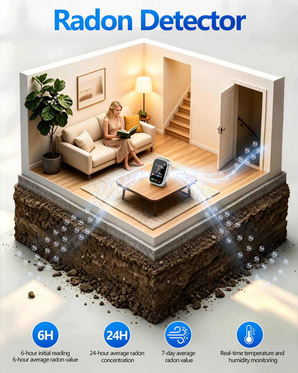 Radon Detector for Home and Basement, ±10% Accuracy, 6H First Reading, 3-in-1 Radon, Temp & Humidity, 3.5-in IPS Display, Wall Plug-In & Magnetic Mount, Audible & Visual Alerts, 385-Day History